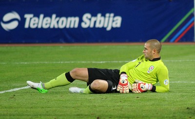 110912 - Serbia v Wales - 2014 World Cup Qualifier -Glyn MYHILL of Wales looks dejected after a Serbia goal