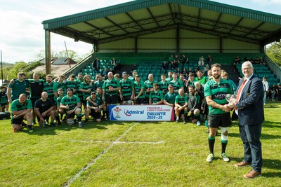 260425 - Seven Sisters v Crynant - Admiral National League 4 West Central - WRU representative Jeff Davies presents the trophy to Seven Sisters captain Kyle Davies