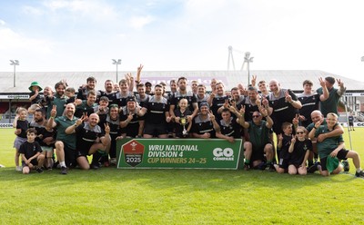 100525 - Seven Sisters v Gwernyfed, Mens Division 4 Cup Final - Seven Sisters celebrate as they lift the Division 4 trophy after beating Seven Sisters in the Final