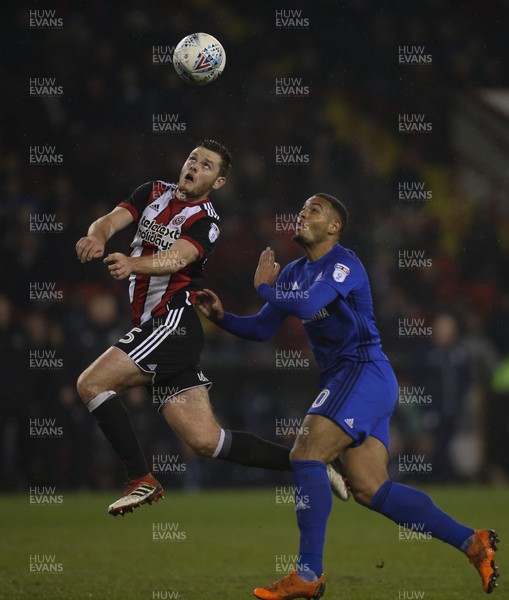 020418 - Sheffield United v Cardiff City, Sky Bet Championship - Kenneth Zohore of Cardiff City and Jack O'Connell of Sheffield United compete for the ball