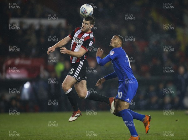 020418 - Sheffield United v Cardiff City, Sky Bet Championship - Kenneth Zohore of Cardiff City and Jack O'Connell of Sheffield United compete for the ball