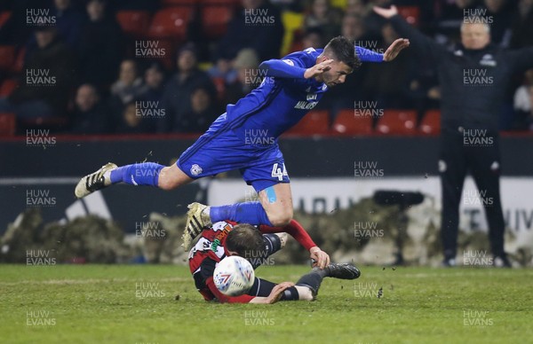 020418 - Sheffield United v Cardiff City, Sky Bet Championship - Gary Madine of Cardiff City is brought down by Richard Stearman of Sheffield United
