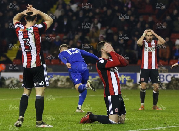 020418 - Sheffield United v Cardiff City, Sky Bet Championship -Anthony Pilkington of Cardiff City  celebrates after scoring the equaliser while Sheffield United players show the despair