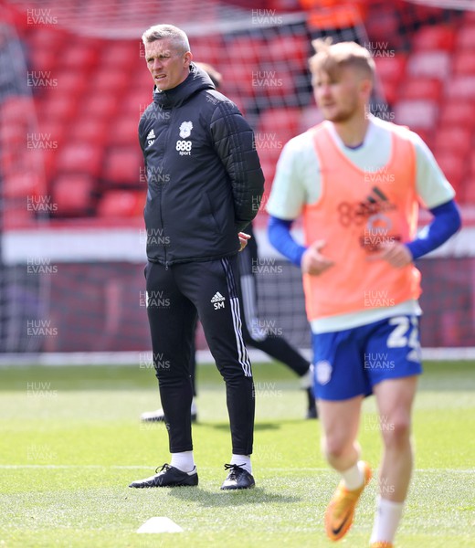 230422 - Sheffield United v Cardiff City - Sky Bet Championship - Manager Steve Morison of Cardiff watches over the warm up before the match