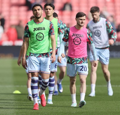 030426 - Sheffield United v Swansea City - Sky Bet Championship - Ben Cabango of Swansea, Marko Stamenic of Swansea and Liam Cullen of Swansea during the warm up