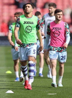 030426 - Sheffield United v Swansea City - Sky Bet Championship - Ben Cabango of Swansea, Marko Stamenic of Swansea and Liam Cullen of Swansea during the warm up
