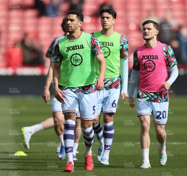 030426 - Sheffield United v Swansea City - Sky Bet Championship - Ben Cabango of Swansea, Marko Stamenic of Swansea and Liam Cullen of Swansea during the warm up