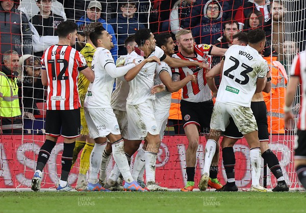 110223 - Sheffield United v Swansea City - Sky Bet Championship - Scuffle breaks out near the end of the match in Swansea goalmouth