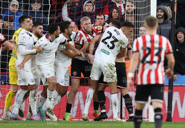 110223 - Sheffield United v Swansea City - Sky Bet Championship - Scuffle in the Swansea goal near the end of the match