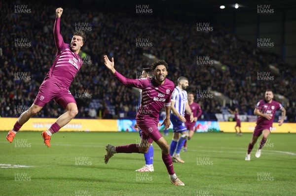231223 - Sheffield Wednesday v Cardiff City - Sky Bet Championship - Cele on winning goal [own goal by Akin Famewo of Sheffield Wednesday] by Kion Etete of Cardiff and Ollie Tanner of Cardiff