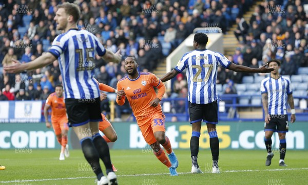 291219 - Sheffield Wednesday v Cardiff City - Sky Bet Championship - Junior Hoilett of Cardiff celebrates after scoring the 2nd goal with Wed players protesting  