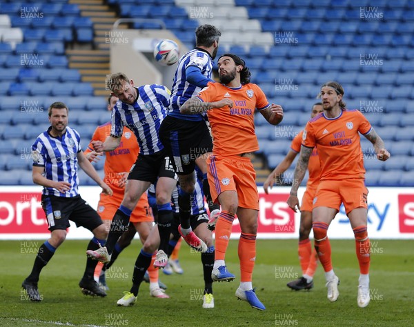 050421 - Sheffield Wednesday v Cardiff City - Sky Bet Championship - Marlon Pack of Cardiff tries a header from a corner