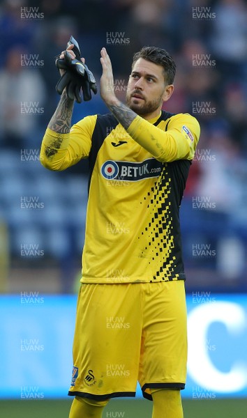 230219 - Sheffield Wednesday v Swansea City - Sky Bet Championship - Goalkeeper Kristoffer Nordfeldt  of Swansea applauds the fans at the end of the game 