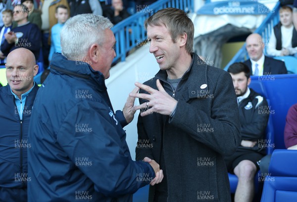 230219 - Sheffield Wednesday v Swansea City - Sky Bet Championship - Manager Graham Potter  of Swansea and Manager Steve Bruce of Sheffield Wednesday greet each other at the start of the match 