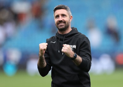 300825 - Sheffield Wednesday v Swansea City - Sky Bet Championship - Swansea manager Alan Sheehan salutes the travelling fans after Swansea win 0-2