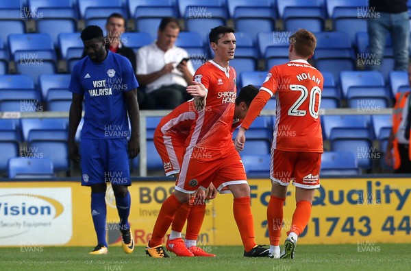 250717 - Shrewsbury Town v Cardiff City - Pre Season Friendly - Louis Dodds of Shrewsbury celebrates scoring a goal