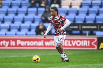 151125 - Shrewsbury Town v Newport County - Sky Bet League 2 - Moses Alexander-Walker of Newport County during the pre-game warmup