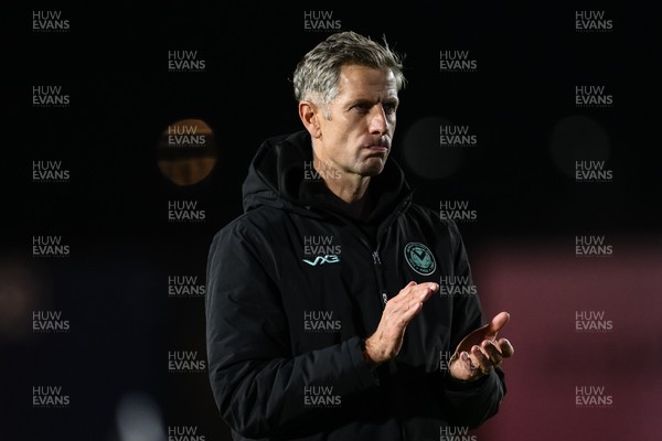 151125 - Shrewsbury Town v Newport County - Sky Bet League 2 - David Hughes Manager of Newport County applauds the fans after the game