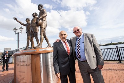050925 - The Rugby Code Breaker statue in Cardiff Bay has had a new name plaque after William �Billy� Boston has received his knighthood - Jim Mills and Billy