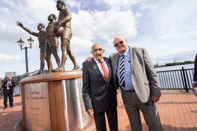 050925 - The Rugby Code Breaker statue in Cardiff Bay has had a new name plaque after William �Billy� Boston has received his knighthood - Jim Mills and Billy