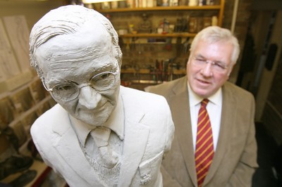 22.04.09 Welsh Rugby... President of the Welsh Rugby Union Dennis Gethin with the design for the statue of Sir Tasker Watkins which is nearing completion. 