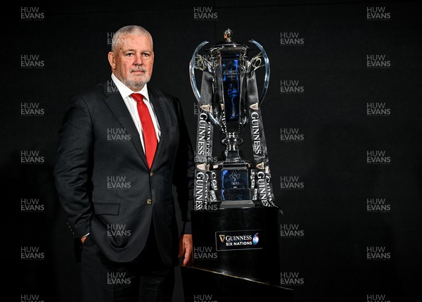 220124 - Guinness Six Nations Rugby Championship Launch at the Guinness Storehouse in Dublin - Wales head coach Warren Gatland with the trophy