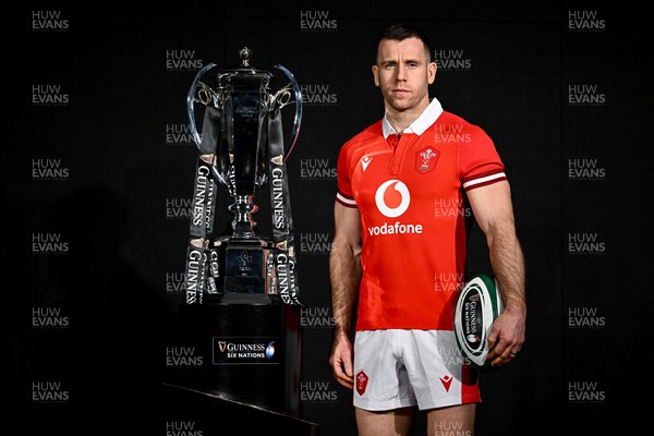 220124 - Guinness Six Nations Rugby Championship Launch at the Guinness Storehouse in Dublin - Gareth Davies of Wales with the trophy
