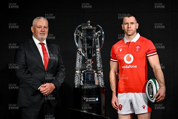 220124 - Guinness Six Nations Rugby Championship Launch at the Guinness Storehouse in Dublin - Wales head coach Warren Gatland and Gareth Davies of Wales with the trophy