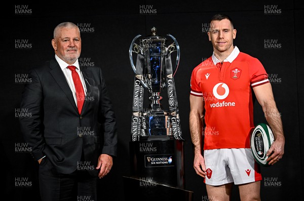 220124 - Guinness Six Nations Rugby Championship Launch at the Guinness Storehouse in Dublin - Wales head coach Warren Gatland and Gareth Davies of Wales with the trophy