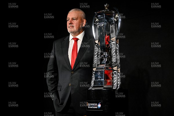 220124 - Guinness Six Nations Rugby Championship Launch at the Guinness Storehouse in Dublin - Wales head coach Warren Gatland with the trophy