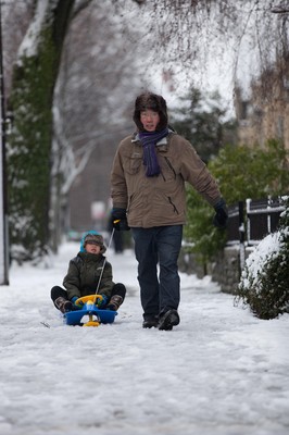 180113 - Snow hits south Wales -A young boy takes advantage of his sledge as he's pulled through the snow in Cardiff