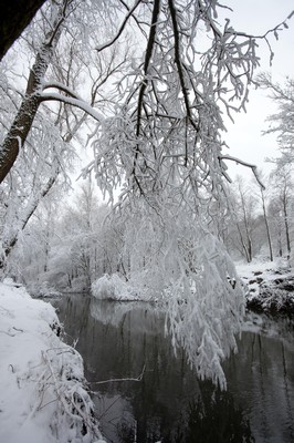 180113 - Snow hits south Wales -Snow creates a magical scene over one of the small rivers near Hirwain, south Wales