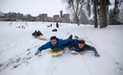 180113 - Snow hits south Wales -Sledgers take to the snow at Cyfarthfa Castle in Merthyr Tydfil