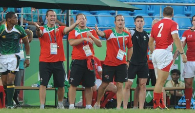 11.10.10 - South Africa v Wales - Commonwealth Games Sevens Delhi 2010 -  Wales sevens head coach Paul John(centre). 