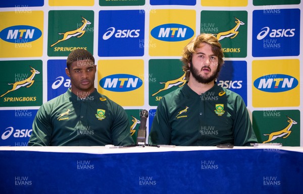 301117 - South Africa Rugby Team Announcement, Hilton Hotel, Cardiff - Warrick Galant, left, and Lood de Jager of The Springboks talks to the media ahead of the match between Wales and South Africa
