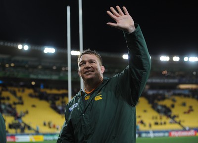 11.09.11 - South Africa v Wales - Rugby World Cup 2011 - John Smit of South Africa celebrates at the end of the game. 