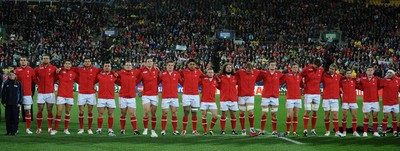 11.09.11 - South Africa v Wales - Rugby World Cup 2011 - Wales players line-up for the national anthems. 