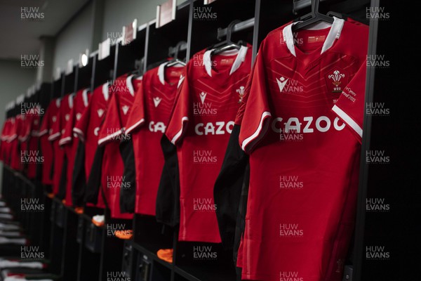 160722 - South Africa v Wales - Castle Lager Incoming Series 2022 Third Test - Wales jerseys in the dressing room ahead of kick off