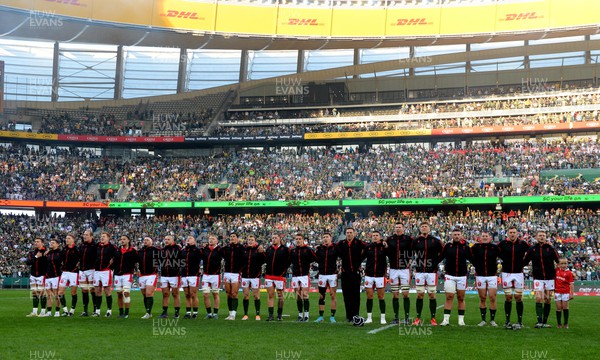 160722 - South Africa v Wales - Castle Lager Incoming Series 2022 Third Test - Wales players line up for the anthems
