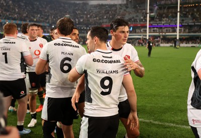 180726 - South Africa v Wales - Nations Championship - Tomos Williams and Louis Rees-Zammit of Wales at full time