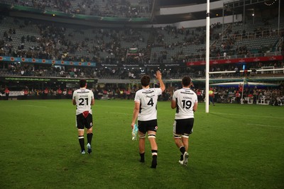 180726 - South Africa v Wales - Nations Championship - James Botham, Teddy Williams and Freddie Thomas of Wales at full time