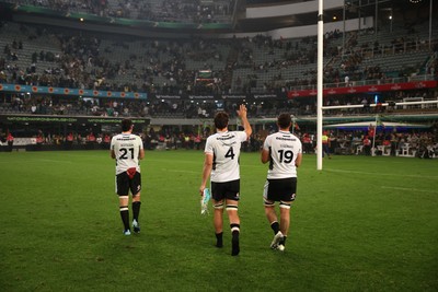 180726 - South Africa v Wales - Nations Championship - James Botham, Teddy Williams and Freddie Thomas of Wales at full time