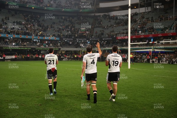 180726 - South Africa v Wales - Nations Championship - James Botham, Teddy Williams and Freddie Thomas of Wales at full time