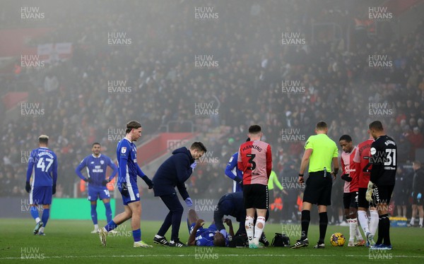 021223 - Southampton v Cardiff City - Sky Bet Championship - Yakou Meite of Cardiff City is treated for an injury