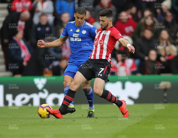 090219 - Southampton v Cardiff City, Premier League - Lee Peltier of Cardiff City is tackled by Shane Long of Southampton