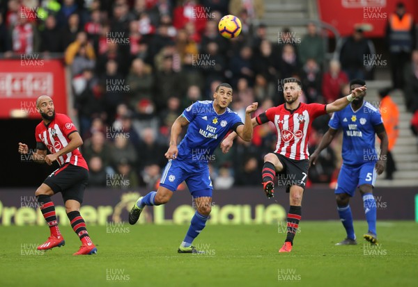 090219 - Southampton v Cardiff City, Premier League - Lee Peltier of Cardiff City and Shane Long of Southampton compete for the ball
