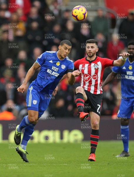 090219 - Southampton v Cardiff City, Premier League - Lee Peltier of Cardiff City and Shane Long of Southampton compete for the ball