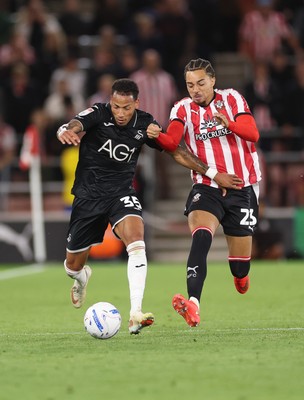 080926 - Southampton v Swansea City, EFL Sky Bet Championship - Ronald of Swansea City and Southampton goalkeeper George Long compete for the ball
