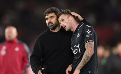 080926 - Southampton v Swansea City, EFL Sky Bet Championship - Swansea City head coach Vitor Matos with Josh Tymon of Swansea City at the end of the match