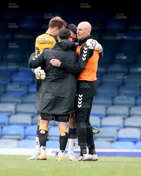 080521 - Southend United v Newport County - Sky Bet League 2 - Mickey Demetriou and Newport County goalkeeper Tom King celebrate a 1-1 draw with Southend that means they are in the playoffs